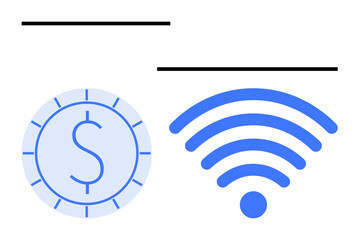 Coin with dollar sign and wireless network signal illustrating digital transactions, connectivity, and online services. Ideal for fintech, e-commerce, mobile payments, business strategy, technology