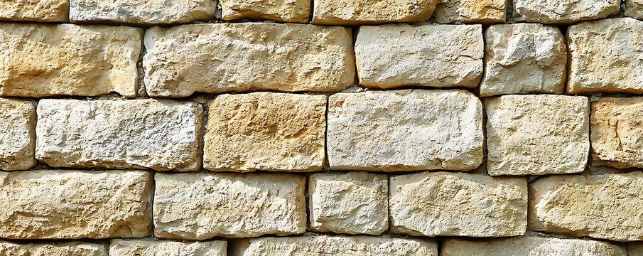 Close-up view of a beige stacked stone wall with rectangular sandstone blocks tightly arranged in horizontal layers, showing natural texture and rough surface details in daylight
