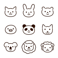 動物たちの顔アイコン素材セット-線画