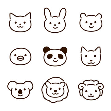 動物たちの顔アイコン素材セット-線画