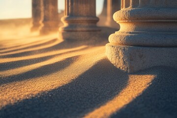 Ancient stone columns half-buried in shifting desert sands at sunset, casting long shadows.
