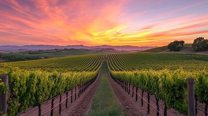Fototapeta premium A vineyard stretches towards the horizon under a vibrant sunset sky. 