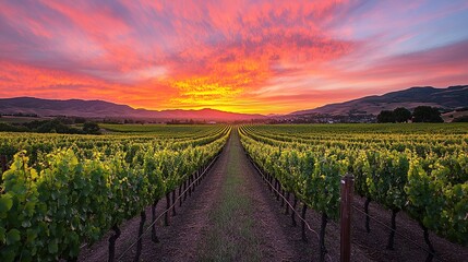 Fototapeta premium A vineyard stretches towards the horizon under a vibrant sunset sky. 
