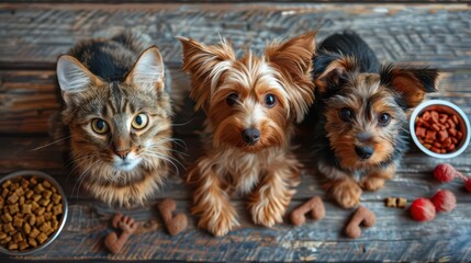 A cat and two small dogs sit together with pet food and treats on a wooden surface.