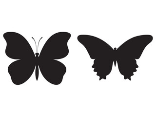Four black butterfly silhouettes arranged in a 2x2 grid. The top two butterflies have rounded wings with smooth edges,
 while the bottom two have more detailed, jagged wing edges. Each butterfly has a