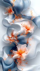 Abstract floral art featuring white and blue flowing shapes with orange accents in a vertical design