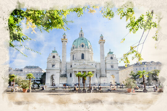 Saint Charles Church (Wiener Karlskirche) at Karlsplatz in Vienna, Austria. Watercolor style illustration