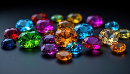A geometric arrangement of vibrant gemstones set against a dark background, emphasizing their brilliant colors and clarity.