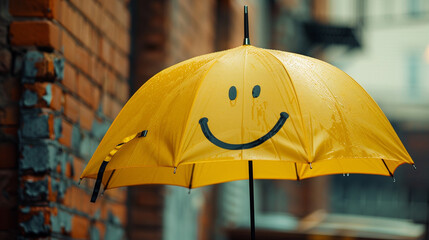 A yellow umbrella with a smiley face design, wet from rain, against a brick wall.
