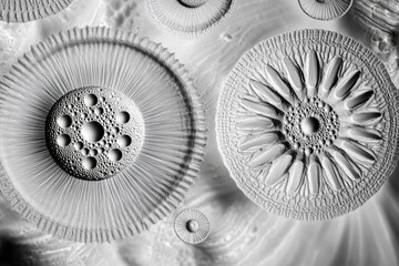 Microscopic view of intricate diatom structures, showcasing their radial symmetry and complex patterns.