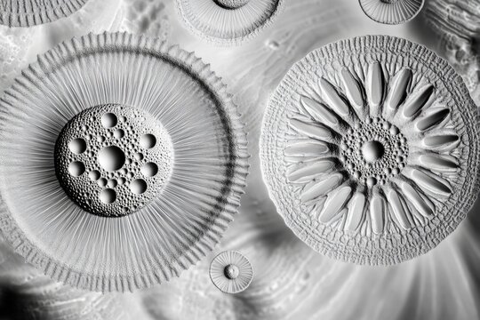 Microscopic view of intricate diatom structures, showcasing their radial symmetry and complex patterns.