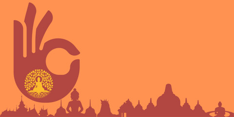 Vesak Day Creative Concept for Card or Banner. Illustration of Budha hand. Buddha Purnima design background template