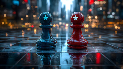   China and the United States playing chess on a chessboard, symbolizing strategic competition and international relations.
