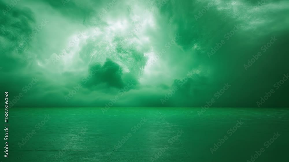 Poster ominous green storm clouds reflecting on water surface, creating dramatic atmospheric backdrop for c