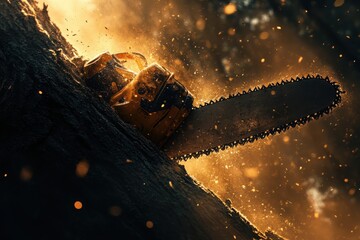 Chainsaw on Log Surrounded by Dust and Light in Forest Setting