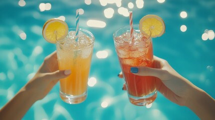Two friends celebrate summer with colorful cocktails by a turquoise pool at a vibrant resort party