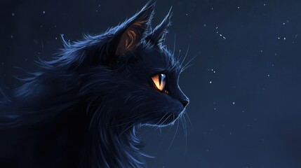 Fototapeta premium Profile shot of a black cat with luminous eyes, showcasing a moment of quiet observation and intrigue, set against a dark background.