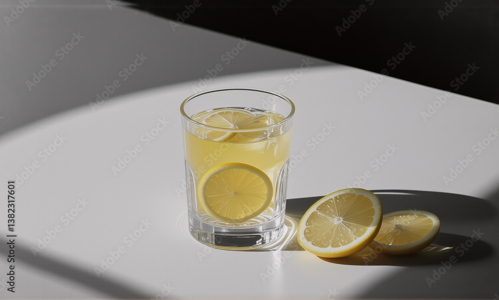 Aufkleber refreshing lemonade in a clear glass with lemon slices on a white table under sunlight. simple, clea