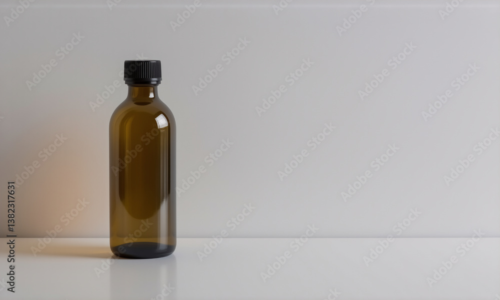 Poster a simple brown glass bottle with a black cap stands upright on a white surface against a plain white