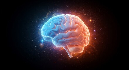 The image shows a glowing human brain, with one hemisphere in blue and the other in orange, set against a dark, cosmic background in this abstract illustration