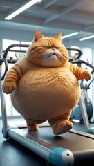 A very fat cat jogging in place, looking extremely serious and determined while exercising