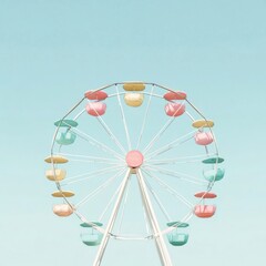 Pastel Colored Ferris Wheel Gondolas Against a Clear Light Blue Summer Sky View