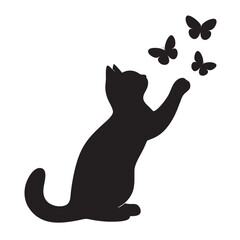 A black silhouette-style image of a cat reaching out with its paw to catch butterflies. The background is white, and both the cat and the butterflies are in solid black