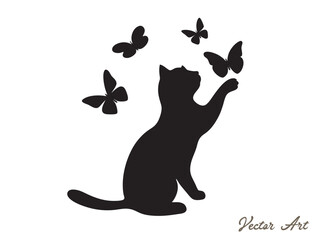 A black silhouette-style image of a cat reaching out with its paw to catch butterflies. The background is white, and both the cat and the butterflies are in solid black