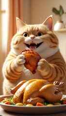 a very chubby orange cat with a round belly, happily eating a large roasted chicken. The cat has an ecstatic expression on its face