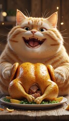 a very chubby orange cat with a round belly, happily eating a large roasted chicken. The cat has an ecstatic expression on its face