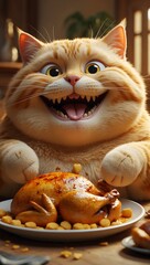 a very chubby orange cat with a round belly, happily eating a large roasted chicken. The cat has an ecstatic expression on its face