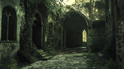 Obraz premium Overgrown Gothic Ruins with Ivy-Covered Walls and Dark Archway Hidden Deep in a Forgotten Forest Courtyard