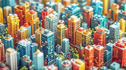 A vibrant cityscape with colorful buildings and greenery, depicting urban life.