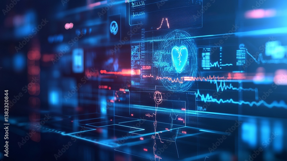Aufkleber abstract digital interface displaying heart rate data and other medical information in blue and red