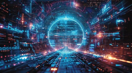 Obraz premium A futuristic digital landscape featuring glowing circuits and a central portal.