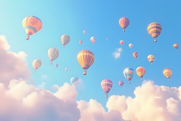 Fototapeta premium Pastel Hot Air Balloons Soaring Above Fluffy Clouds