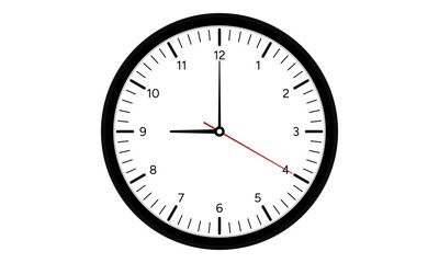 Simple flat black wall clock at 9 o&rsquo;clock. Vector Illustration.