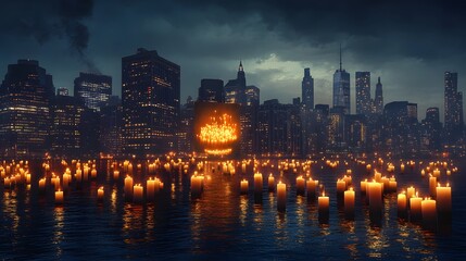 Burning symbol mourned by candles in city skyline