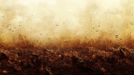 Obraz premium Brown soil texture with flying dirt particles in motion, Background illustration with copy space, blank area, negative space, and empty design layout, Perfect space for text or branding.