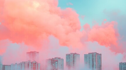 Pink cloudscape over city skyline at dawn.