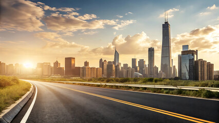 Fototapeta premium Asphalt Road Leading to a Stunning Modern City Skyline at Sunset