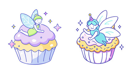 Two Adorable Fairy Cupcakes Whimsical Fantasy Illustration Sweet Treats Bakery Cute