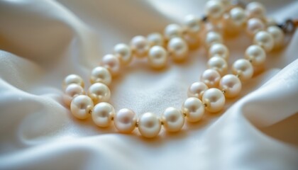 A close up of iridescent pearls on satin, capturing the interplay of light and texture in a luxurious setting.