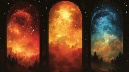 Cosmic archways showcasing nebulae in vibrant colors