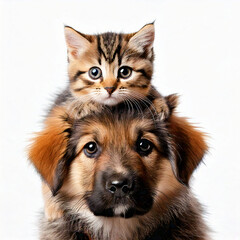 Obraz premium cat on dog head white background