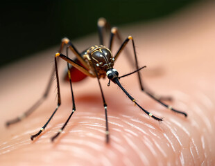 Fototapeta premium Detailed close-up of a mosquito perched on skin, showcasing its intricate anatomy and features. Perfect for educational content on insects, health issues, and vector-borne diseases.