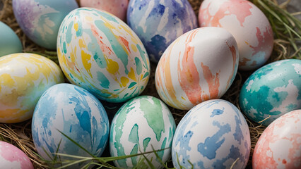 Obraz premium Colorful Easter eggs arranged in a nest of grass 