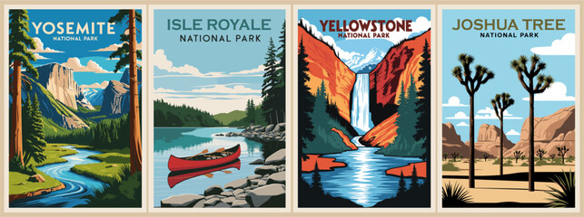 Set of retro travel posters with National Parks USA. Isle Royale, Yosemite, Yellowstone, Joshua Tree landscape prints. Vector art illustrations
