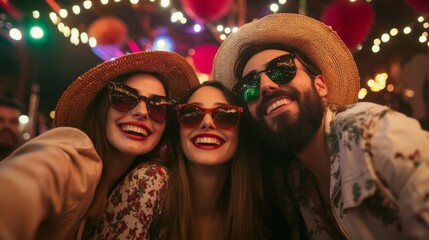 At the Wild House Party, everyone is gathering for a group selfie amidst the vibrant atmosphere of neon lights, a spinning disco ball, and an array of humorous costumes
