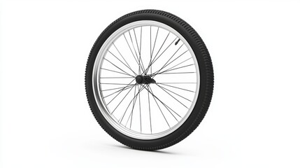 Fototapeta premium Bicycle wheel stands upright on a smooth surface showcasing its spokes, tire, and inner rim in a bright setting, isolated on white background